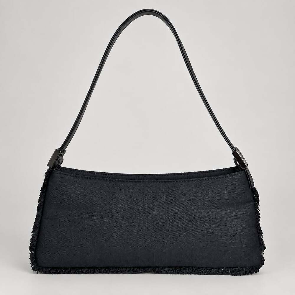 Y2K Black Baguette Shoulder Bag Frayed Trim Mini Purse Grunge Handbag